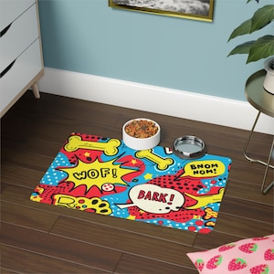 Comic Pop Art Dog Feeding Mat: Funny Pet Placemat