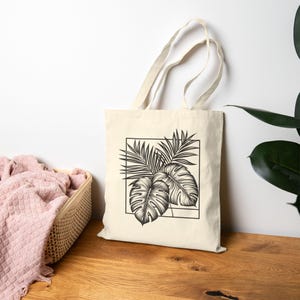 Monstera Line Art Tote Bag | Black Botanical Canvas Bag 15x16 | Minimalist Plant Lover Gift | Reusable Cotton Eco Shopper | YUVAGE Original
