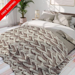 Chunky Cable Knit Print Blanket: Beige Fleece Throw - Winter Home Decor
