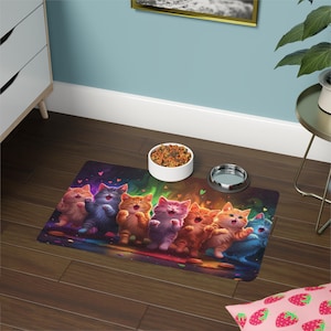 Rainbow Singing Cats Pet Food Mat: Non-Slip Polyester, 12x18&quot;