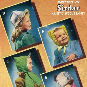 Vintage Baby bonnets and girls hat knitting pattern PDF