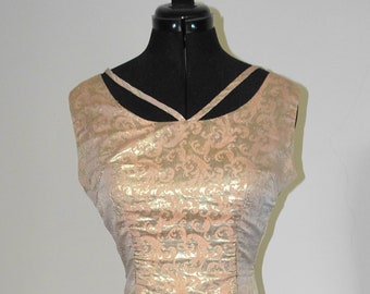 Vintage 1960's rose gold brocade pattern shift sleeveless PARTY dress with strappy neckline S