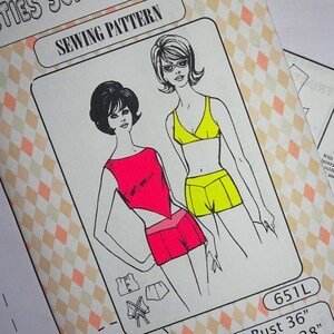May include: A vintage sewing pattern for a 1960s summer beach set. The pattern is for a two-piece swimsuit with a halter top and shorts. The pattern is printed on a peach and white background with a diamond pattern. The pattern is labeled "Sixties Summer Beach Set" and "Sewing Pattern". The pattern includes instructions for sizes bust 36 inches and waist 28 inches.