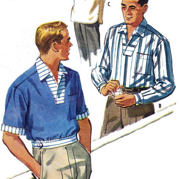 1957 ROCKABILLY mens pullover shirt with wrapover collar sewing pattern - Repro vintage paper copy Medium 15-15 1/2 *Improved fit* #12