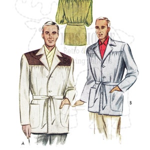 Może przedstawiać: Ilustracja vintage wzoru szycia przedstawiająca trzy różne style kurtek. Pierwsza kurtka to jasnobrązowa kurtka z brązowym kołnierzem i brązowym paskiem. Druga kurtka to jasnoniebieska kurtka z brązowym paskiem. Trzecia kurtka to zielona kurtka z brązowym paskiem. Wzór jest oznaczony literami "A", "B" i "C".