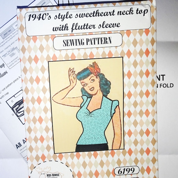 1940's style SWEETHEART stretch top with flutter sleeves SEWING PATTERN - vintage rockabilly reproduction - Size 10-16 #17