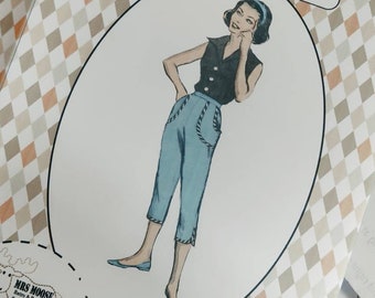 Repro vintage ROCKABILLY PEDAL PUSHERS sewing pattern paper copy 28"- 34" waist #09