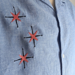 Custom Repro Rockabilly Atomic Pattern Mid-century style Mens short sleeved Starburst Shirt L XL XXL 3XL - Denim blue, Aqua or Tan colours