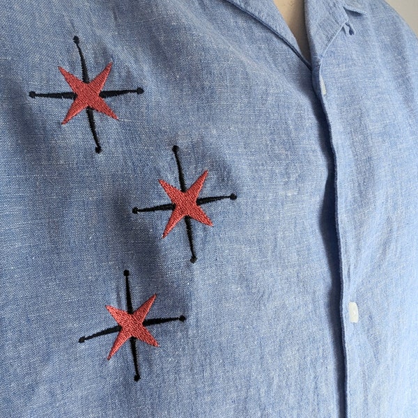 Custom Repro Rockabilly Atomic Muster Kurzärmeliges Herrenhemd im Mid-Century-Stil L XL XXL 3XL - Jeansblau, Aqua oder Hellbraun