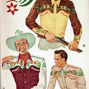 1949 Men cowboy western shirt sewing pattern with cactus country embroidery Repro vintage copy with different sleeve options -chest 38" #38