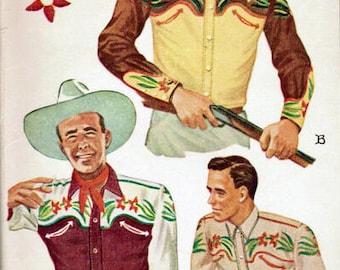 1949 Men cowboy western shirt sewing pattern with cactus country embroidery Repro vintage copy with different sleeve options -chest 38" #38