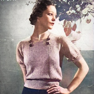 Vintage 1940&#39;s Lady&#39;s classic Square neck button with Jumper Sweater Knitting Pattern PDF #42