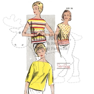 May include: Vintage sewing pattern featuring three different boat neck tops. One top has horizontal stripes in red, yellow, and black. Another has a floral pattern, and the third is solid yellow. The pattern is labeled "Sew-Easy" and size 20.