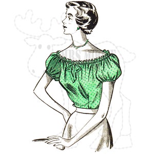 May include: A green blouse with a white bow and a polka dot pattern. The blouse has a wide neckline and short, puffed sleeves.