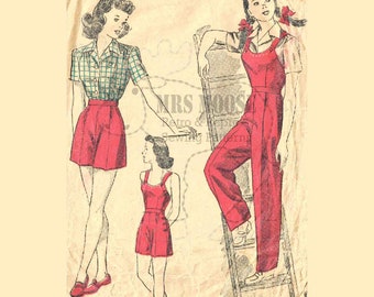 Classic 1940's Dungarees or Short Overalls or Shorts with side buttons sewing pattern 28" waist repro vintage #31