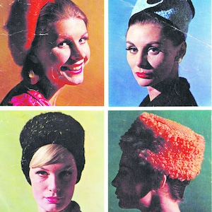 May include: Four women wearing different styles of hats. The hats are all made of knitted fabric and feature various colors and textures. The hats are a mix of red, blue, green, and black.