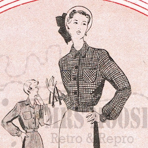 May include: A black and white checked blouse with a button-up front and long sleeves. The blouse has a collar and a pocket on the chest. The model is wearing a white hat with a black bow.