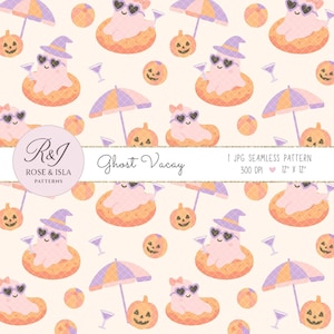 Ghost Vacation Seamless Pattern, Summerween Seamless, Spooky Summer Seamless, Cute Halloween Print, Beach Ghost Pattern,Digital Download