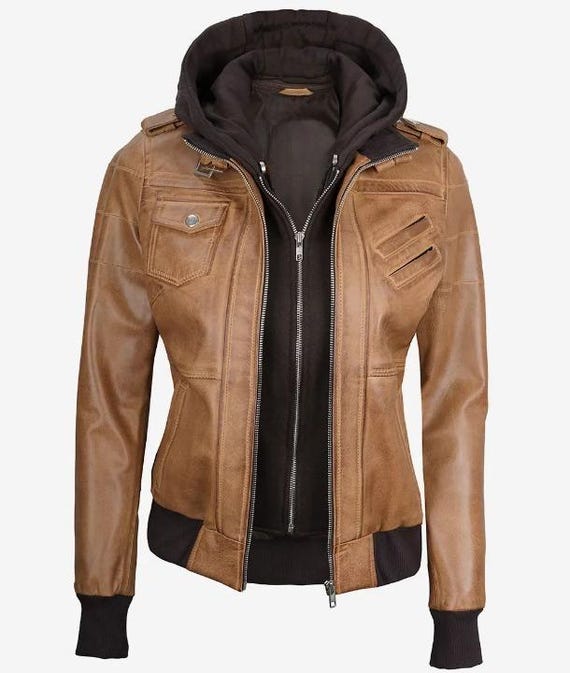 Womens Camel Brown Lambskin Leather Biker Jacket: Removable Hood