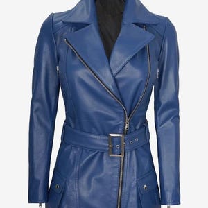 Womens Customized Asymmetrical Moto Biker Bomber Belted Blue Real Lambskin Leather Jacket