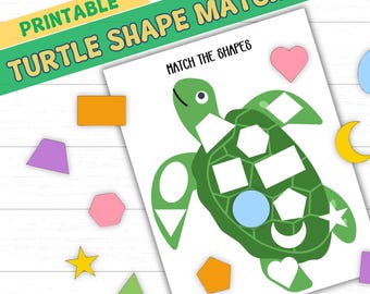 May include: A printable educational game featuring a green turtle shape matching activity. The game includes various colorful shapes like hearts, squares, and triangles. The text "Turtle Shape Matching" is displayed at the top.
