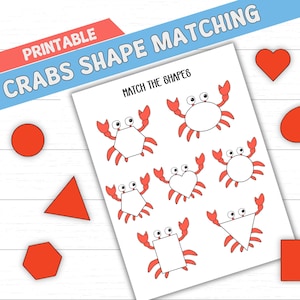 May include: A printable educational worksheet titled "Crabs Shape Matching" features red crab illustrations with various geometric shapes. The worksheet includes shapes like circles, triangles, and rectangles, designed for shape recognition and matching activities.