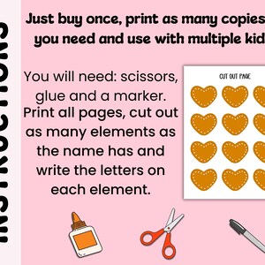 May include: A pink background with instructions and craft supplies. The text reads "Just buy once, print as many copies as you need and use with multiple kids." Includes scissors, glue, a marker, and a page of heart cutouts.