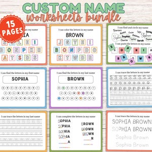 Può includere: Un pacchetto di 15 fogli di lavoro con nomi personalizzati. I fogli di lavoro presentano design colorati e attività come colorare lettere, trovare lettere, ricalcare lettere e completare nomi. Il testo in alto dice "CUSTOM NAME worksheets bundle".