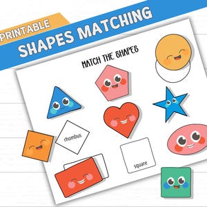 Pode incluir: Jogo de correspondência de formas imprimível com formas coloridas e sorridentes: triângulo, quadrado, pentágono, coração, estrela, oval e mais. Os textos "Shapes Matching" e "Match the Shapes" são visíveis. Uma atividade educativa divertida para crianças.