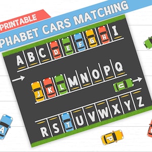 車のアルファベットマッチングプリント、駐車場アクティビティのアルファベットマッチングワークシート、子供向けの駐車ゲーム、大文字と小文字のビジーブック