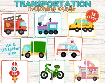 Transportation Matching Cards: Vehicle Puzzle Game, Preschool Activity (Printable PDF