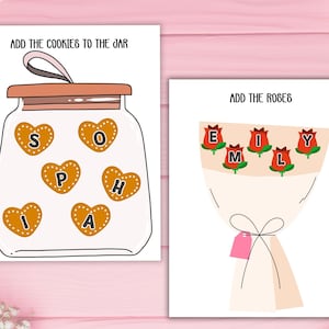May include: Two illustrated cards. One shows a jar with cookies spelling "SOPHIA" and the text "ADD THE COOKIES TO THE JAR". The other shows a bouquet of roses spelling "EMILY" with the text "ADD THE ROSES".