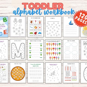 Puede incluir: Un cuaderno de trabajo de alfabeto para niños pequeños con 120 páginas. La portada presenta las palabras "TODDLER alphabet workbook" en azul y rojo. En el interior, hay varias páginas de actividades para aprender letras, incluyendo trazar, emparejar e identificar sonidos.