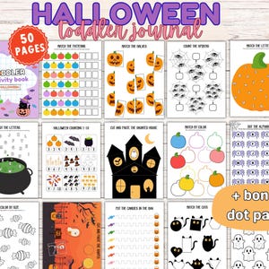 Puede incluir: Un libro de actividades de Halloween para niños pequeños con 50 páginas de hojas de trabajo educativas. Las páginas incluyen emparejar patrones, trazar letras, contar arañas, emparejar letras en calabazas, recortar y páginas de puntos.