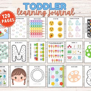 以下が含まれることがあります： 120ページの幼児学習帳。色、文字、数字、形を組み合わせるなど、さまざまなアクティビティが含まれています。「TODDLER learning journal」と「120 PAGES」の文字が表紙に表示されています。