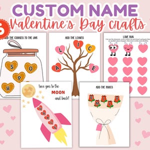 Set of 5 printable templates for Valentine's Day name crafts. Suitable for kids from preschool to kindergarten, ages 3 to 6. Instant download PDF files. Print and cut out the elements, then paste on each template.