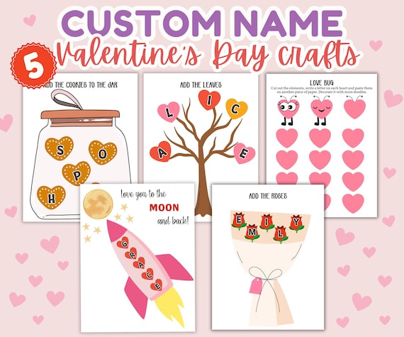 5 Valentine's Day Name Crafts Pack: Cut and paste activities for preschool & kindergarten kids (Printable templates)
