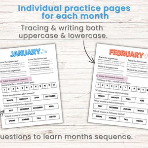 May include: Two educational worksheets for learning months. The "January" worksheet is blue, and the "February" worksheet is orange. Each worksheet has tracing and writing exercises for uppercase and lowercase letters, plus questions about the months.