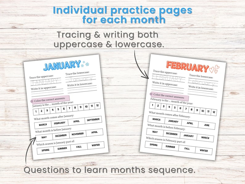 May include: Two educational worksheets for learning months. The "January" worksheet is blue, and the "February" worksheet is orange. Each worksheet has tracing and writing exercises for uppercase and lowercase letters, plus questions about the months.