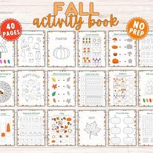 Peut inclure: Un cahier d'activités d'automne avec 40 pages d'exercices éducatifs. La couverture affiche le texte "FALL activity book" et "40 PAGES". Contient des coloriages, des labyrinthes et des exercices de comptage sur le thème de l'automne.