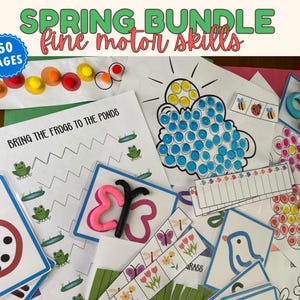 Könnte beinhalten: Eine Sammlung von Frühlings-Aktivitäten zur Förderung der Feinmotorik. Enthält bedruckte Seiten mit farbenfrohen Illustrationen von Fröschen, Schmetterlingen und Blumen. Der Text "SPRING BUNDLE fine motor skills" ist oben abgebildet, mit "50 PAGES" in einem blauen Kreis.