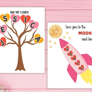 May include: Two whimsical art prints on a pink background. One features a tree with heart-shaped leaves spelling "JESSICA". The other shows a rocket ship with the name "GRACE" and the text "Love you to the MOON and back!"