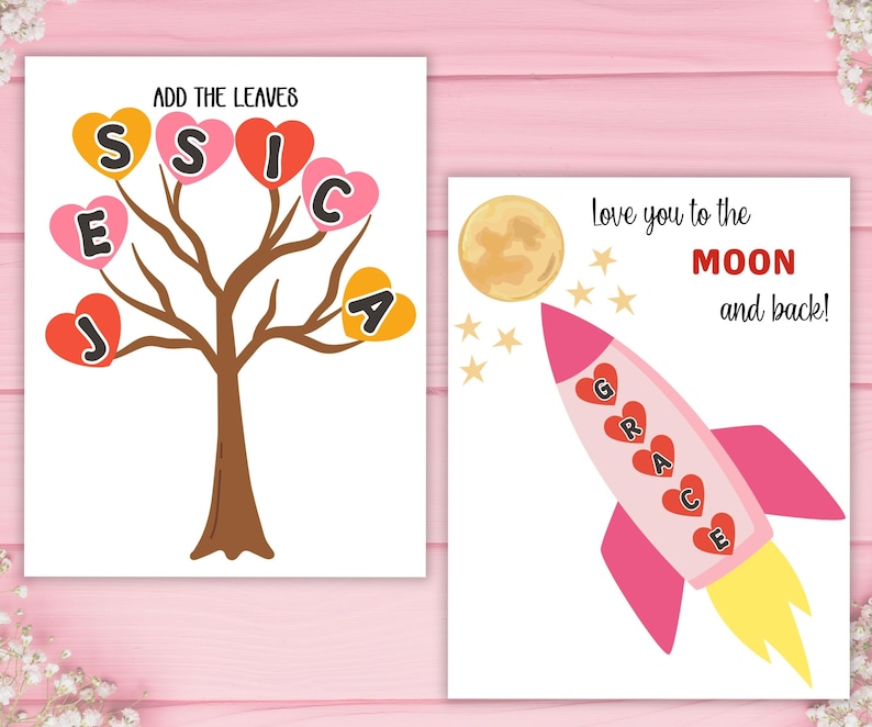 May include: Two whimsical art prints on a pink background. One features a tree with heart-shaped leaves spelling "JESSICA". The other shows a rocket ship with the name "GRACE" and the text "Love you to the MOON and back!"