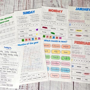 May include: Educational worksheets for learning the alphabet, days of the week, months of the year, and basic calendar skills. Includes tracing exercises and fill-in-the-blank activities. Colorful and engaging for young learners.
