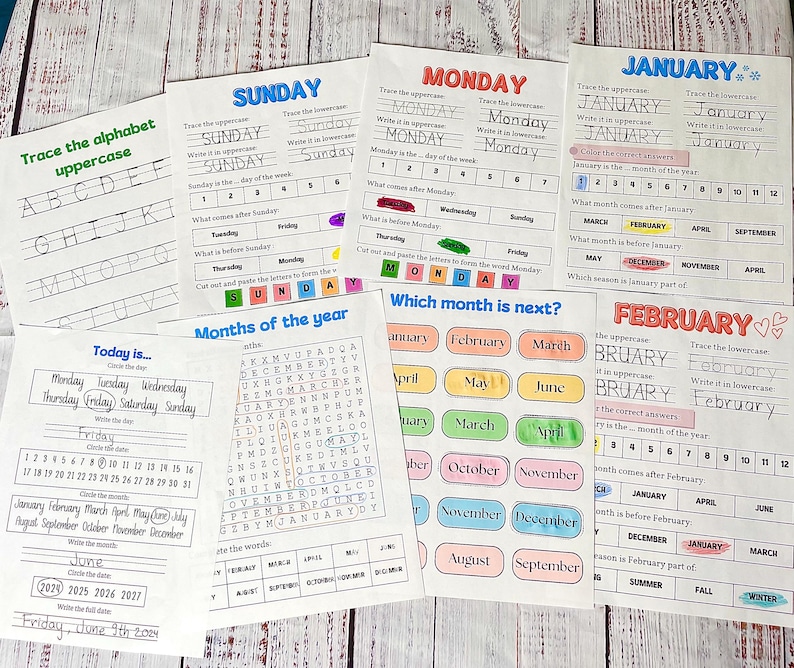 May include: Educational worksheets for learning the alphabet, days of the week, months of the year, and basic calendar skills. Includes tracing exercises and fill-in-the-blank activities. Colorful and engaging for young learners.