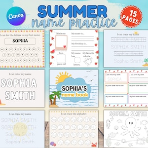 Könnte beinhalten: Ein farbenfrohes Sommer-Aktivitätsbuch mit dem Text "SUMMER name practice" und "15 PAGES". Die Seiten beinhalten das Nachzeichnen von Namen, Ausmalen und das Üben des Alphabets. Der Name "SOPHIA" ist im gesamten Buch enthalten.