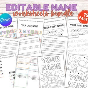 May include: A bundle of editable name worksheets with the text "EDITABLE NAME worksheets bundle" at the top. The worksheets include activities like coloring letters, tracing names, and completing missing letters. The bundle includes 15 pages.