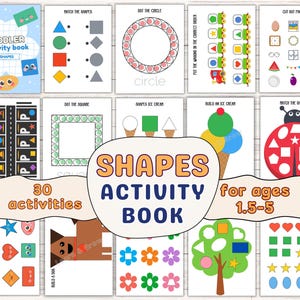 Puede incluir: Un colorido libro de actividades para niños pequeños titulado "Shapes Activity Book" con el texto "30 actividades para edades de 1.5-5". Incluye ejercicios de emparejamiento y coloreado de formas, como círculos, cuadrados y triángulos.