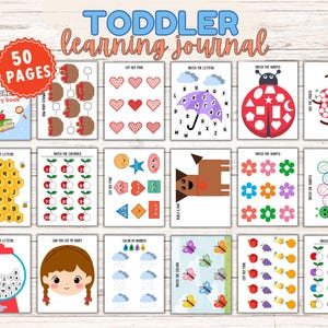 Op de afbeelding: Een kleurrijk leerboek voor peuters met 50 pagina's aan activiteiten. Het boek bevat pagina's met letters, vormen, kleuren en bijpassende spelletjes. De omslag toont de tekst "TODDLER learning journal" en "50 PAGES".