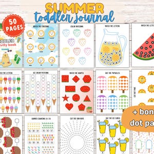 Può includere: Un libro di attività estive per bambini piccoli con 50 pagine. La copertina presenta una scena sulla spiaggia con cappello, occhiali da sole e infradito. All'interno ci sono varie attività di abbinamento, conteggio e unisci i puntini. Il titolo recita "Summer toddler journal".